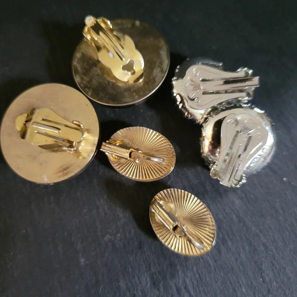 Vintage Faux Pearl Rhinestone Enamel Clip On Earrings Set 3 Pairs 80s